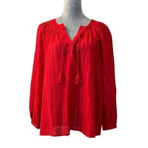 Old Navy Blouse Womens Medium Red Gold Thread Swiss Dots V Neck Tassel Peasant